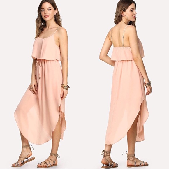 Dresses & Skirts - Ruffled Overlay Long Side Slits Spaghetti Strap Tie Front Blush Dress